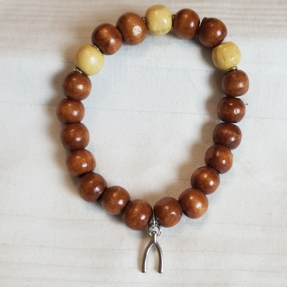 Wood Bead Silver Charm Wishbone Bracelet